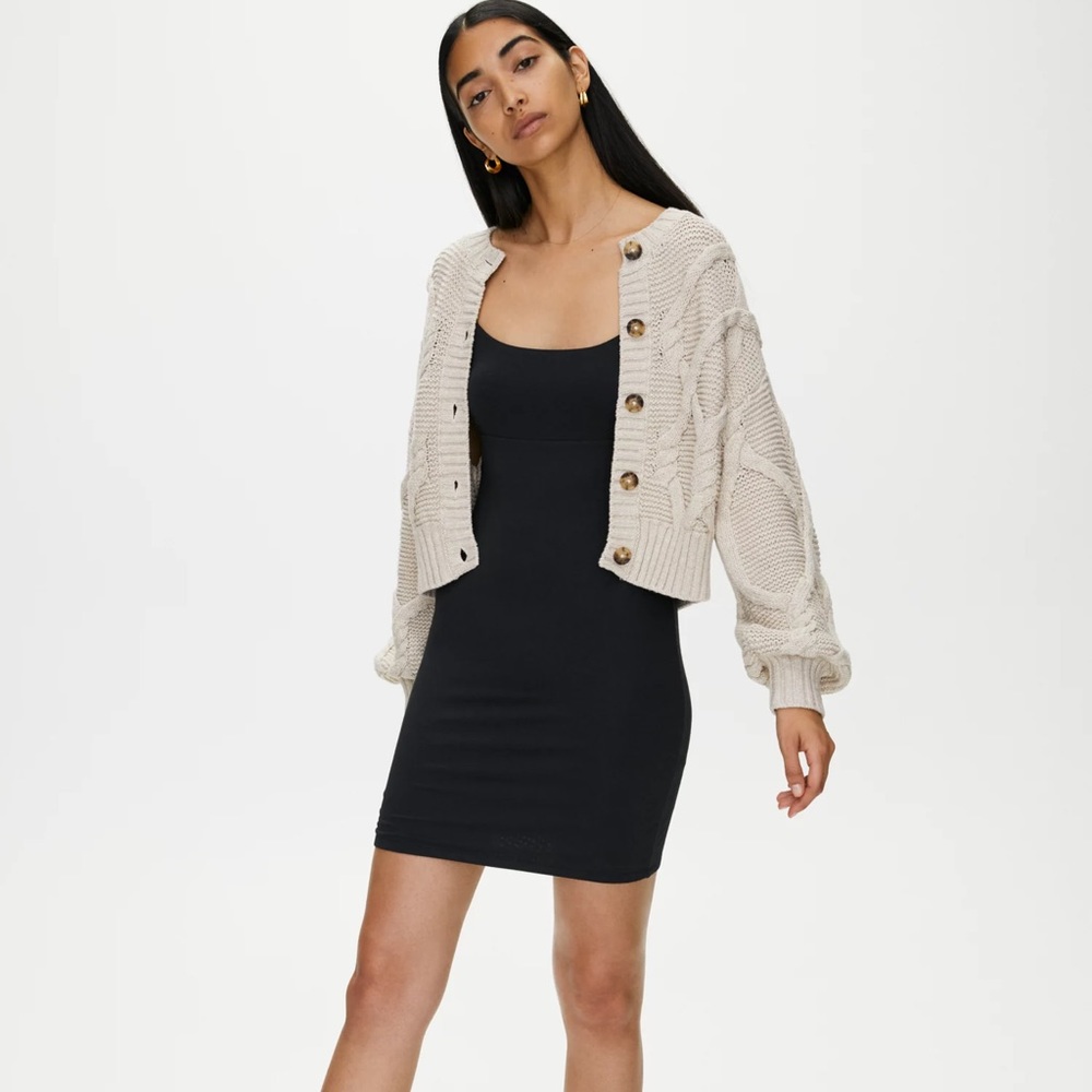 Aritzia Black Mini Bodycon Dress with Cream Knit Cardigani